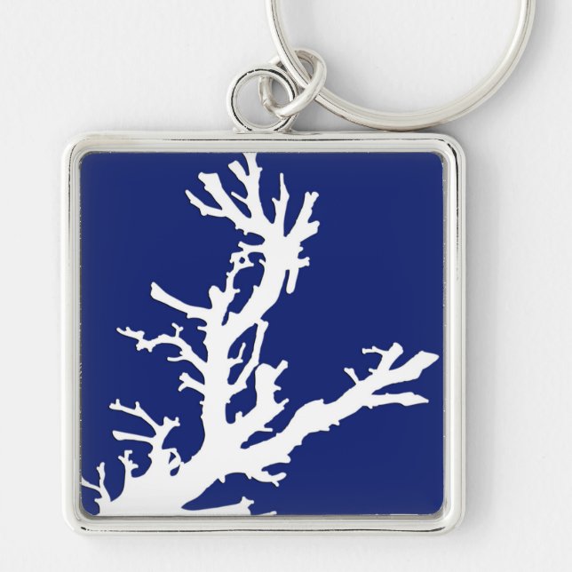 Coral branch - navy blue and white key ring (Front)