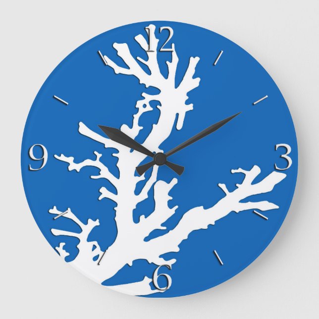 Coral branch - white on cobalt blue large clock (Front)