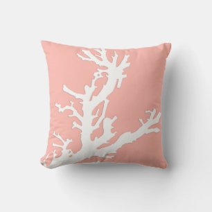 Coral branch - white on coral pink cushion