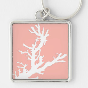 Coral branch - white on coral pink key ring