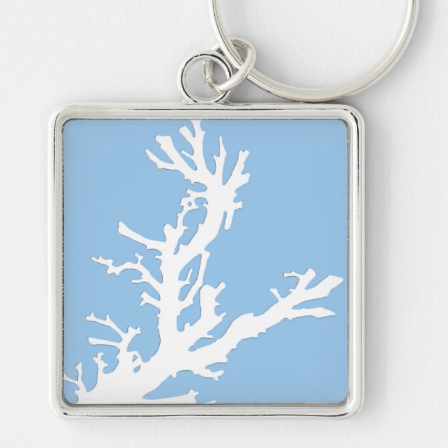 Coral branch - white on pale blue key ring (Front)