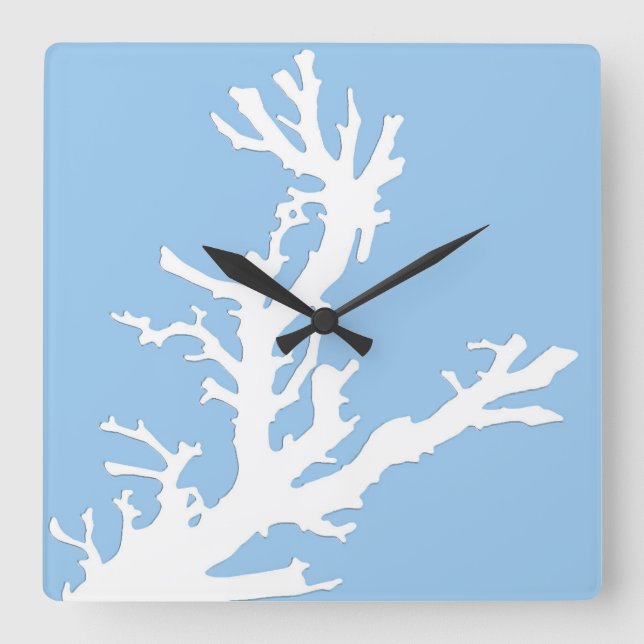 Coral branch - white on pale blue square wall clock (Front)