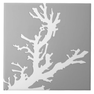Coral branch - white on silver grey tile