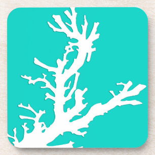Coral branch - white on turquoise coaster