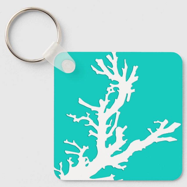 Coral branch - white on turquoise key ring (Front)
