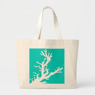 Coral branch - white on turquoise large tote bag
