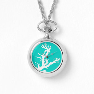 Coral branch - white on turquoise watch