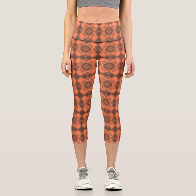 Coral Brown Checker Argyle Pattern Capri Leggings (Front)
