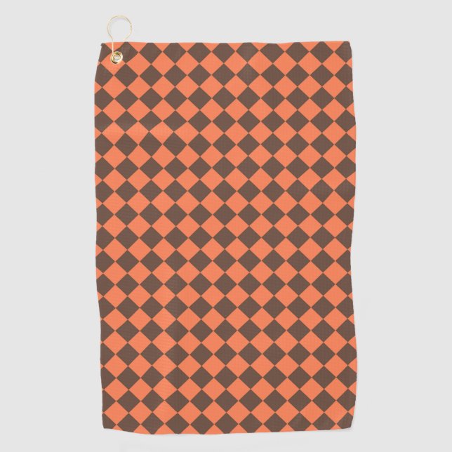 Coral Brown Checker Diamond Pattern Golf Towel (Front)