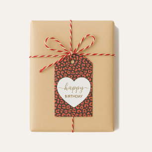 Coral Brown Leopard Print Heart Happy Birthday Gift Tags