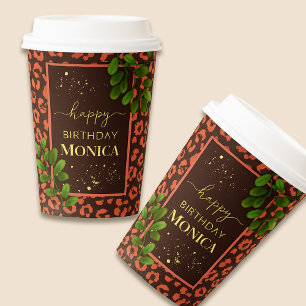 Coral Brown Leopard Print Paper Cups