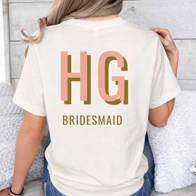 Coral + Brown Monogram Wedding Party Bridesmaid   T-Shirt (Coral + Brown shown on Natural t-shirt.)