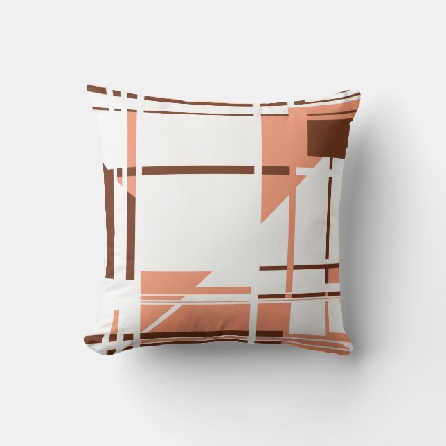 Coral Brown Perpendicular Shapes Lines on White Cushion (Front)