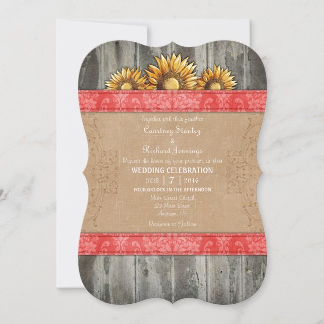 Coral Brown Rustic Sunflower Wedding Invite (Front)