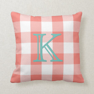 Coral Buffalo Check   Teal Monogram Plaid Cushion