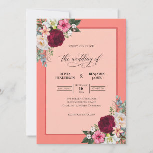 Coral Burgundy Dahlia Wedding Invitation