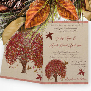 Coral Burgundy Red Tree Wedding Invitation