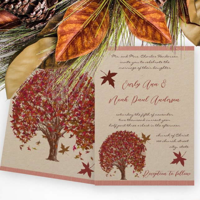 Coral Burgundy Red Tree Wedding Invitation (Creator Uploaded)