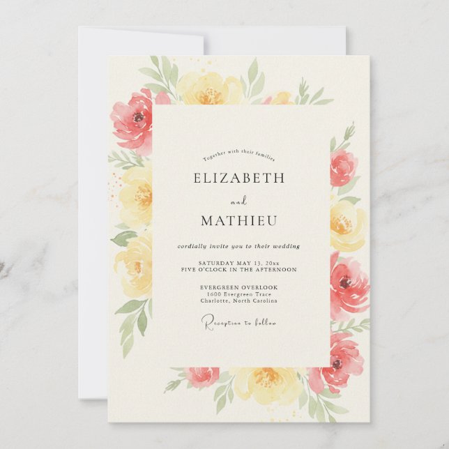Coral Butter Ranunculus Eucalyptus Wedding Invitation (Front)
