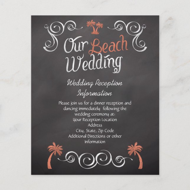Coral Chalkboard Beach Wedding Reception Insert (Front)