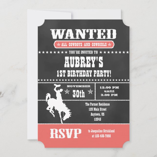 Coral Chalkboard Cowboy Birthday Invitation (Front)