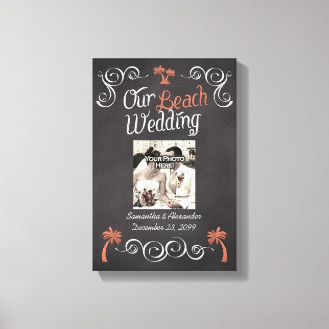 Coral Chalkboard Script Beach Wedding Canvas Print (Front)