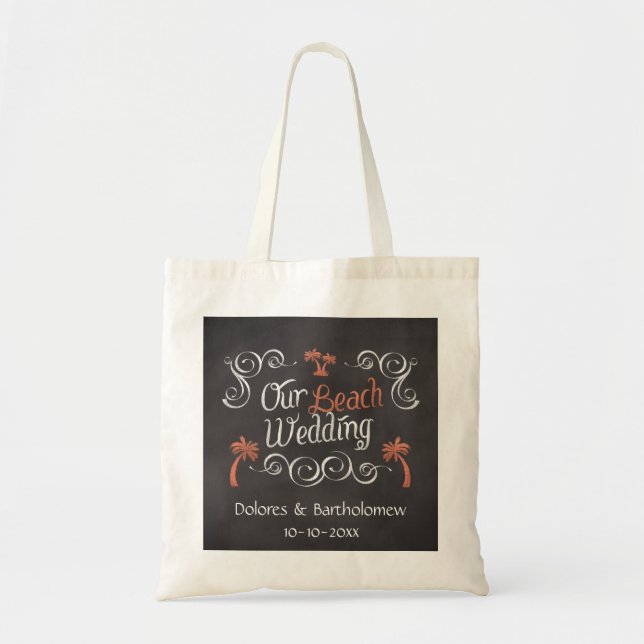 Coral Chalkboard Script Beach Wedding Tote Bag (Front)