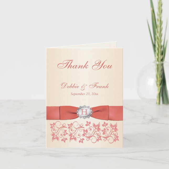 Coral, Champagne Floral Wedding Thank You Card (Front)