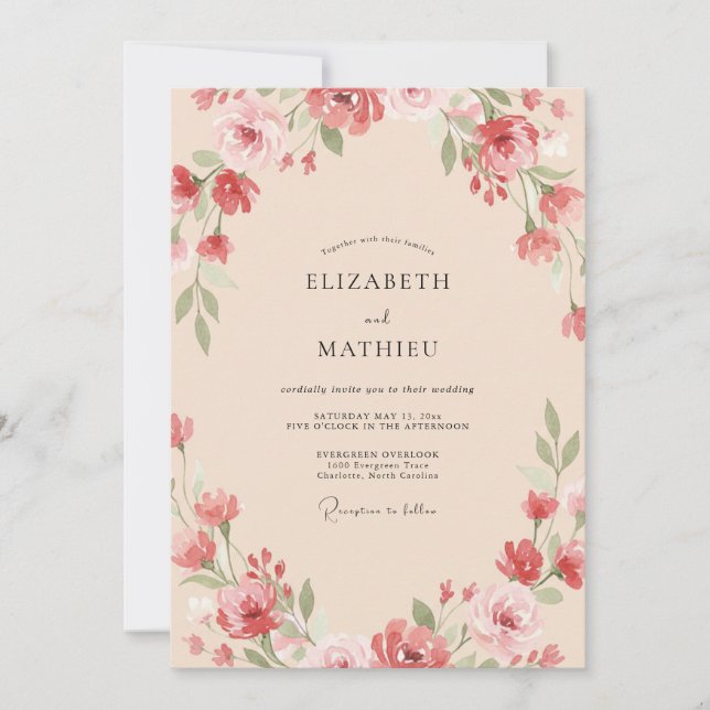 Coral Champagne Wildflower Wedding Invitation (Front)