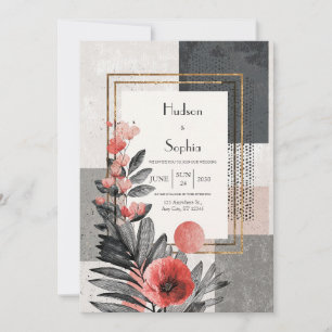 Coral & Charcoal Abstract Floral Wedding  Invitation