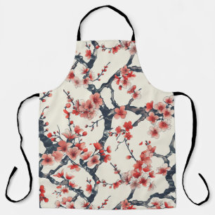 Coral Cherry Blossom Branches Ivory Asian Floral Apron