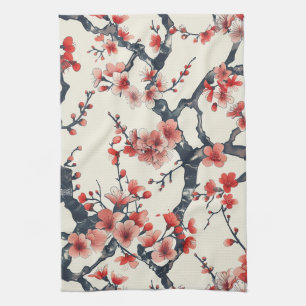 Coral Cherry Blossom Branches Ivory Asian Floral Tea Towel