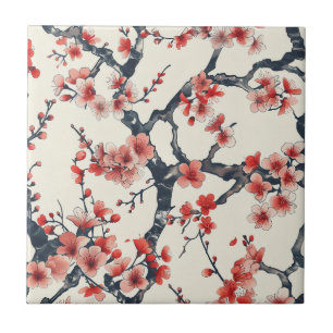 Coral Cherry Blossom Branches Ivory Asian Floral Tile
