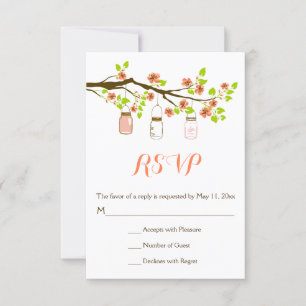 Coral cherry blossoms & mason jars wedding RSVP Card