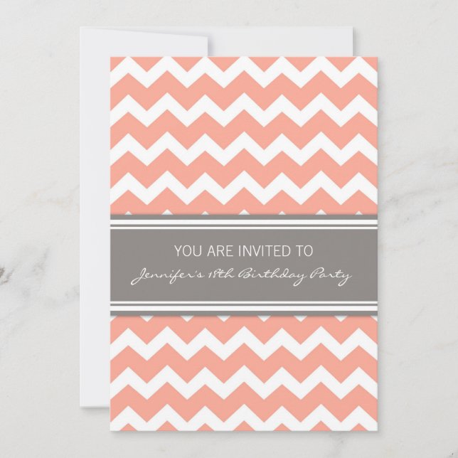 Coral Chevron 18th Birthday Party Invitations (Front)
