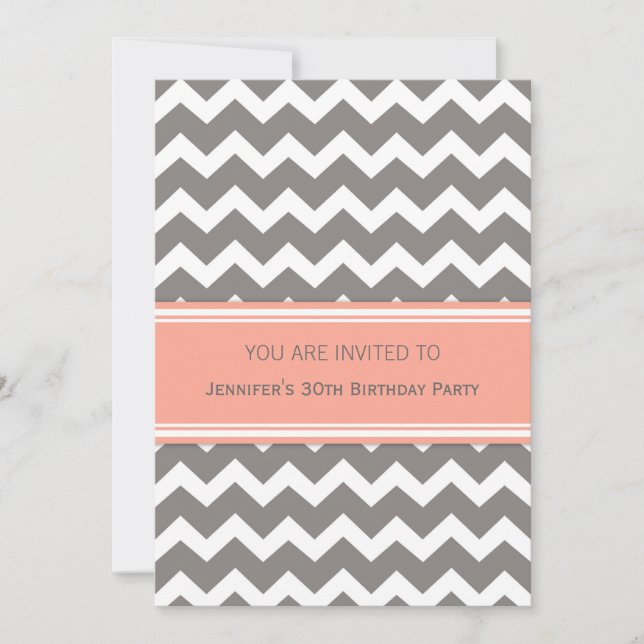 Coral Chevron 30th Birthday Party Invitations (Front)