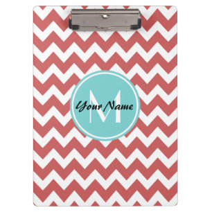 Coral Chevron Aqua Monogram, Personalised Clipboard