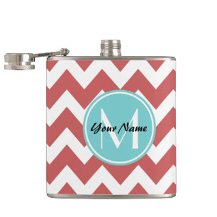 Coral Chevron Aqua Monogram, Personalised Hip Flask