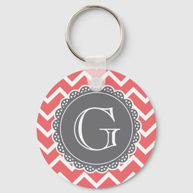 Coral Chevron Grey Monogram Key Ring (Front)