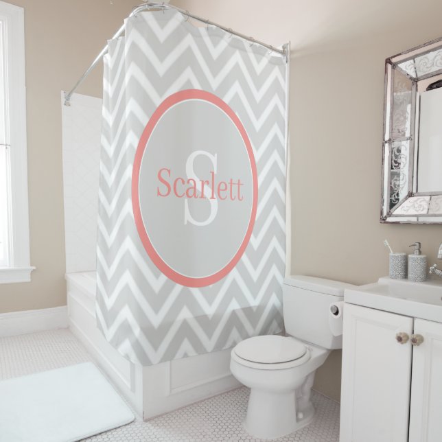 Coral Chevron Monogram Shower Curtain (In Situ)