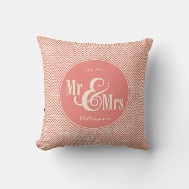 Coral Chevron "Mr & Mrs" pillow, personalised Cushion (Front)