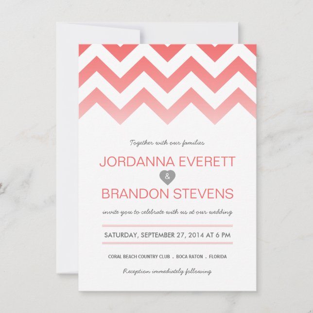 Coral Chevron Ombre Wedding Invitations (Front)