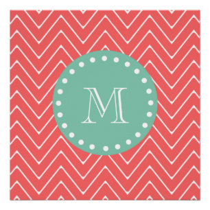 Coral Chevron Pattern Mint Green Monogram Poster