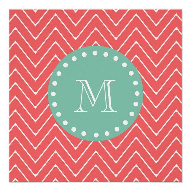 Coral Chevron Pattern | Mint Green Monogram Poster (Front)