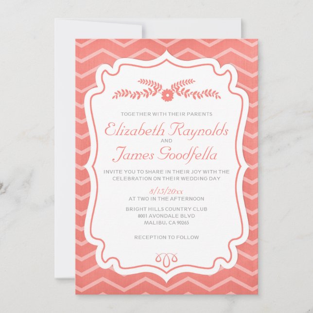 Coral Chevron Stripes Wedding Invitations (Front)
