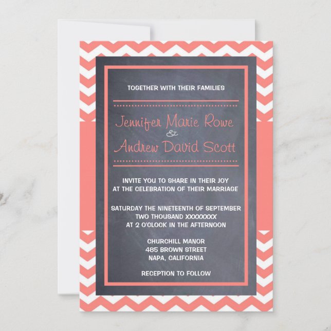 Coral Chevron Wedding Invitation (Front)