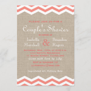 Coral Chevrons on Burlap Couple's Shower Invite