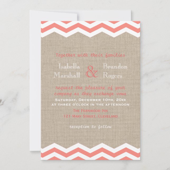 Coral Chevrons on Burlap Wedding Invitation (Front)
