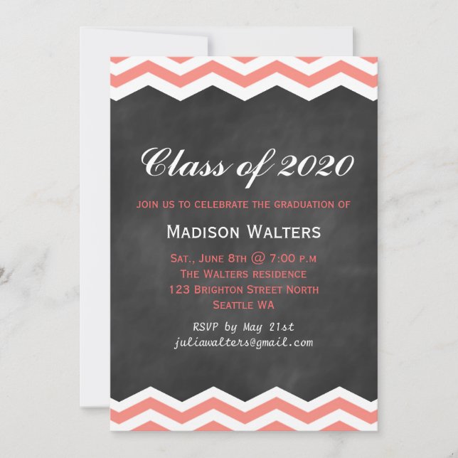 Coral Chevrons on Chalkboard Graduation Invitation (Front)
