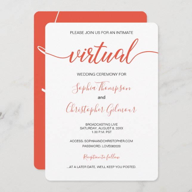 Coral Chic Simple Custom LIVE VIRTUAL Wedding Invitation (Front/Back)